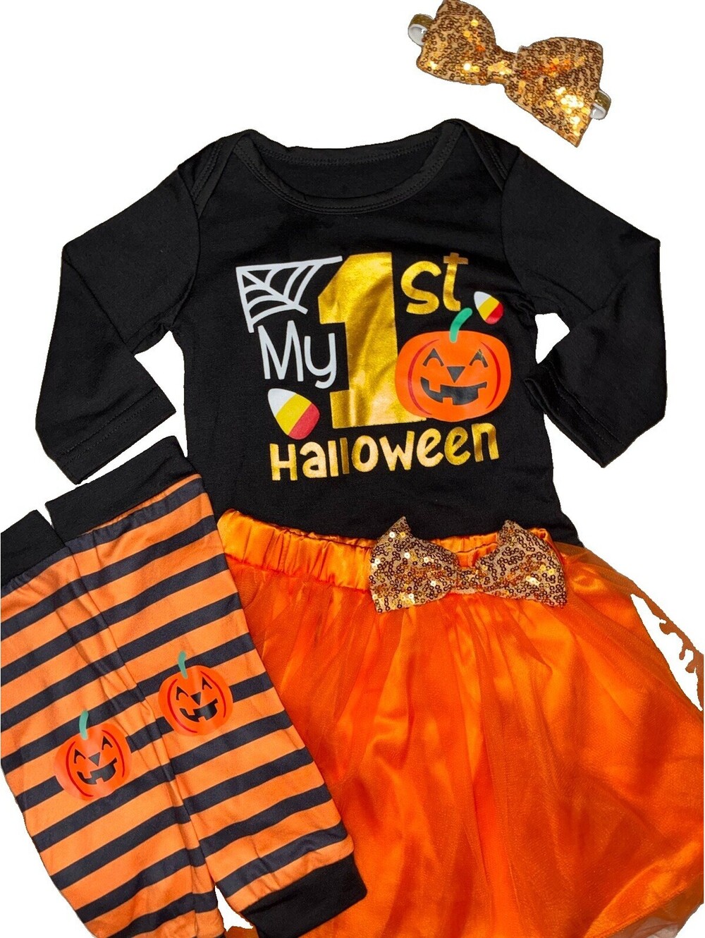 Girls My 1st Halloween Tutu Outfit Set With Bow & Leg Warners Size 90 (1T)